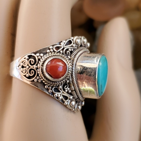 Sterling Turquoise Coral Ring - Picture 3 of 4